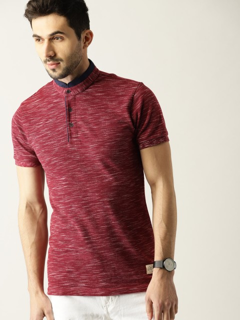 

United Colors of Benetton Men Maroon Self Design Stand Collar T-shirt