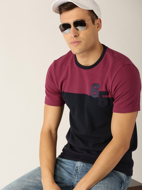 

United Colors of Benetton Men Navy Blue & Burgundy Colourblocked Round Neck T-shirt