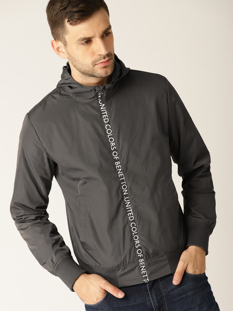 

United Colors of Benetton Men Charcoal Grey Solid Hooded Bomber Jacket