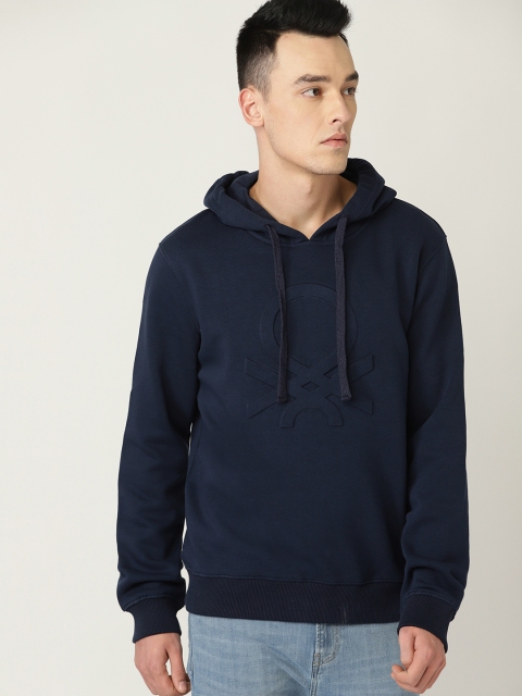 United Colors of Benetton Men Navy Embossed Hooded Sweatshirt, Navy blue