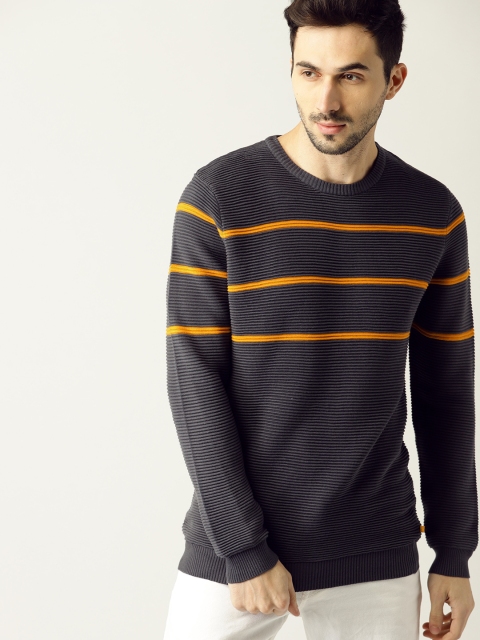 

United Colors of Benetton Men Charcoal Grey Self Striped Pullover