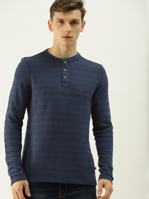 

United Colors of Benetton Men Navy Blue & Black Striped Henley Neck T-shirt
