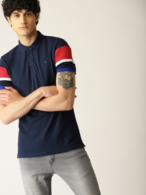 

United Colors of Benetton Men Navy Blue Solid Polo Collar T-shirt