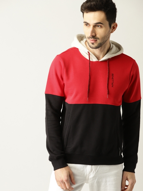 

United Colors of Benetton Men Red & Black Colourblocked Hooded Sweatshirt