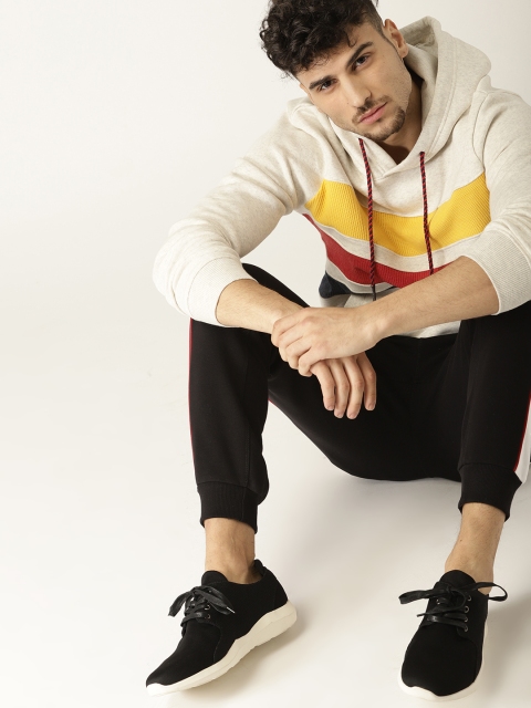 

United Colors of Benetton Men Off-White & Red Striped Hooded Sweatshirt