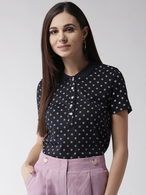 

Marks & Spencer Women Navy Blue & White Printed Polo Collar T-shirt