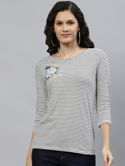 

Marks & Spencer Women Grey & Black Striped Applique T-shirt