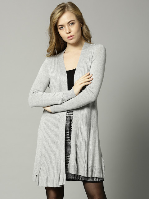 

Marks & Spencer Women Grey Melange Ribbed Longline Front-Open Sweater