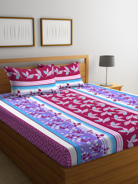 

RANGRAGE White & Purple Floral Flat 144 TC Cotton 1 King Bedsheet with 2 Pillow Covers