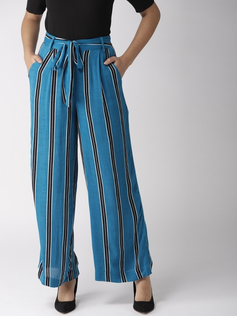 

QUIERO Women Blue & Black Striped Straight Palazzos