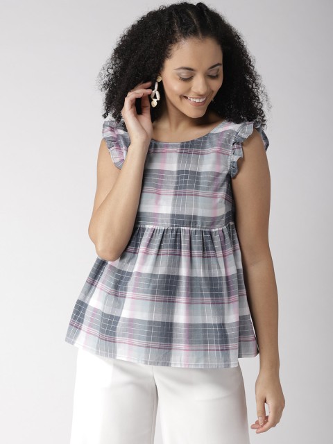 

QUIERO Women Blue & Grey Checked Styled Back Top