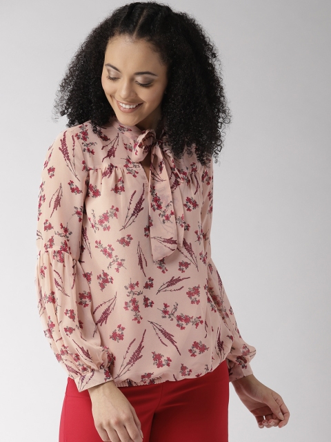 

QUIERO Women Peach-Coloured & Red Printed Blouson Top
