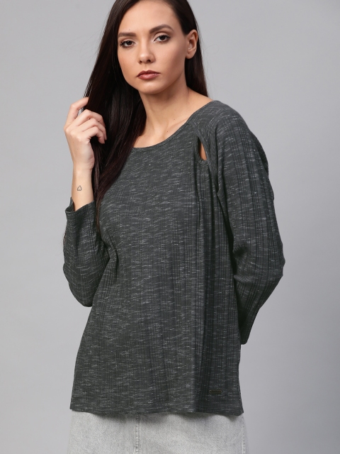 

Roadster Women Charcoal Grey Ribbed Top