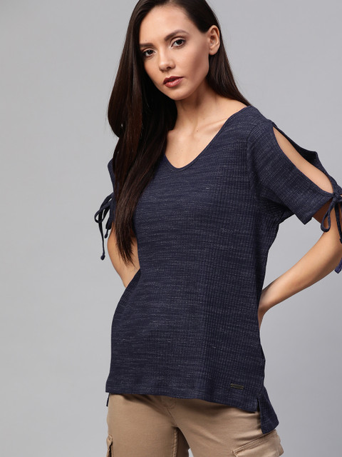 

Roadster Women Navy Blue Ribbed High-Low Top