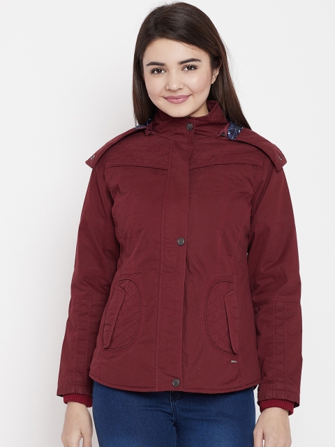 

Duke Women Maroon Solid Tailored Jacket with Detachable Hood