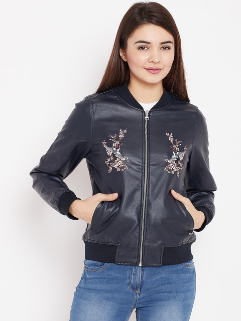 

Duke Women Navy Blue Solid Bomber Jacket with Embroidered Detail