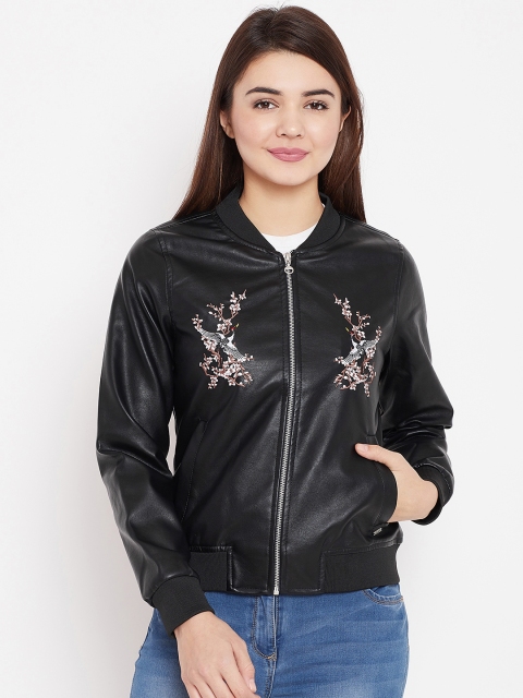

Duke Women Black Solid Bomber Jacket with Embroidered Detail