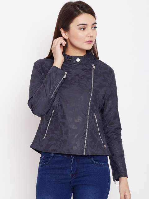 

Duke Women Navy Blue Printed Asymmetric Closure Biker Jacket