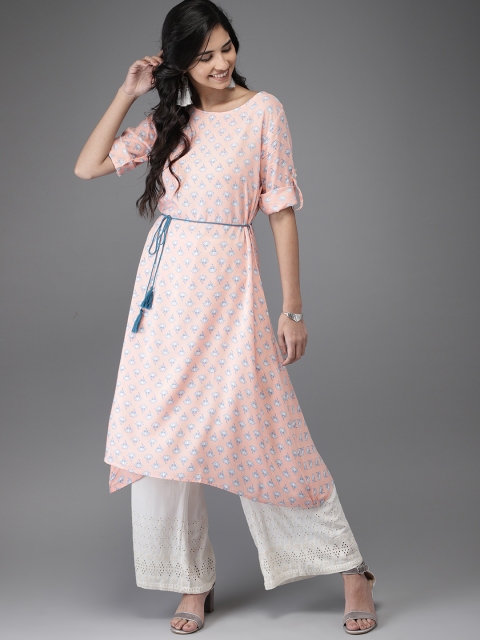 

HERE&NOW Women Peach-Coloured & White Printed A-Line Kurta