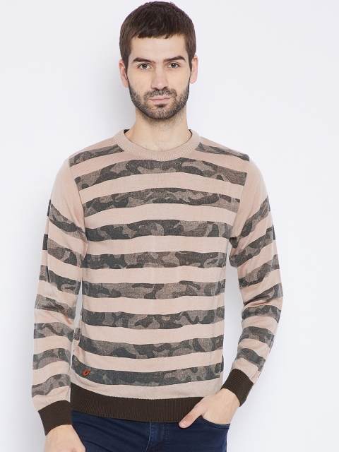 

Duke Men Peach-Coloured & Brown Striped Woollen Pullover