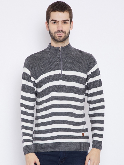 

Duke Men Grey Melange & White Striped Woollen Pullover