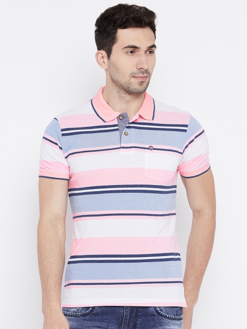 

Duke Men Pink & Blue Striped Polo Collar T-shirt