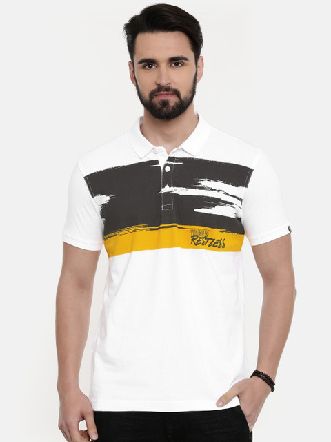 

SPYKAR Men White Black Printed Polo Collar Pure Cotton T-shirt