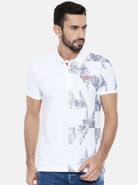 

SPYKAR Men White Geometric Printed Polo Pure Cotton T-shirt
