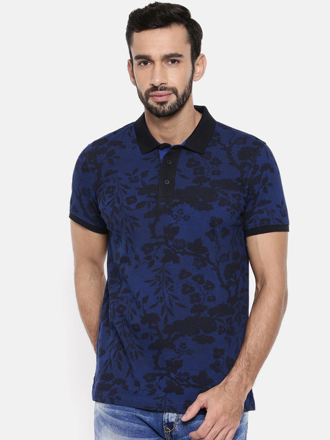

SPYKAR Men Blue Black Floral Printed Polo Pure Cotton T-shirt