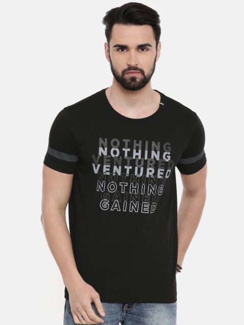 

SPYKAR Men Black Grey Printed Round Neck Pure Cotton T-shirt