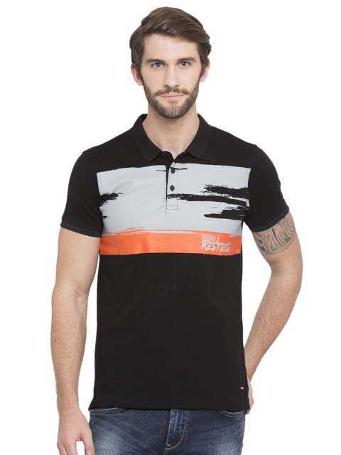 

SPYKAR Men Black Printed Polo Collar Pure Cotton T-shirt