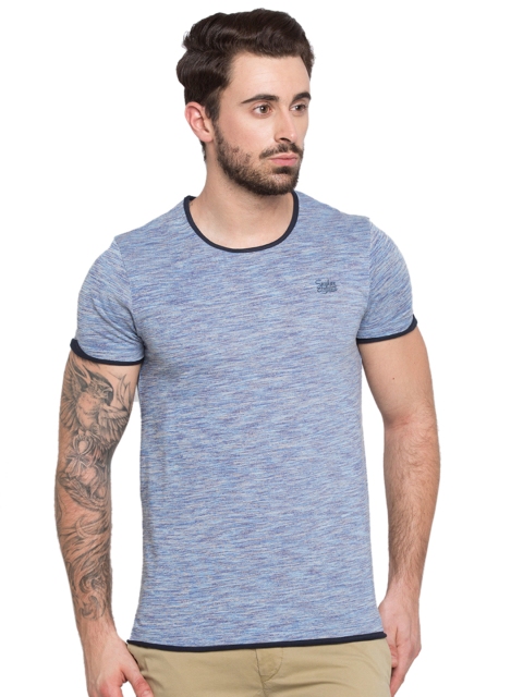 

SPYKAR Men Blue Self Design Round Neck T-shirt