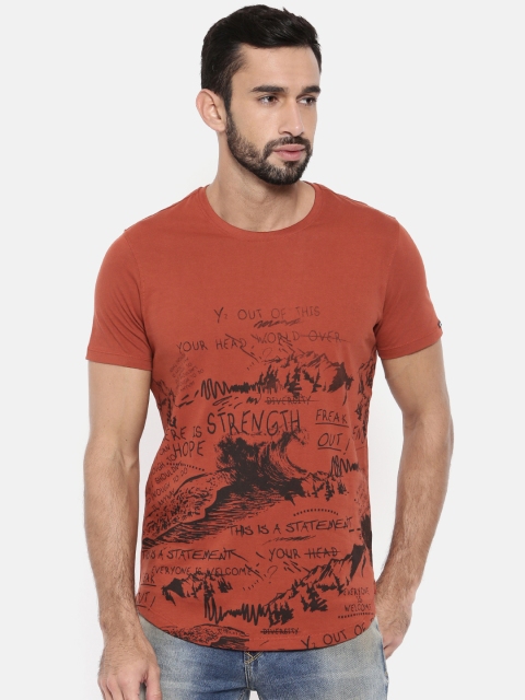 

SPYKAR Men Rust Orange Printed Round Neck T-shirt