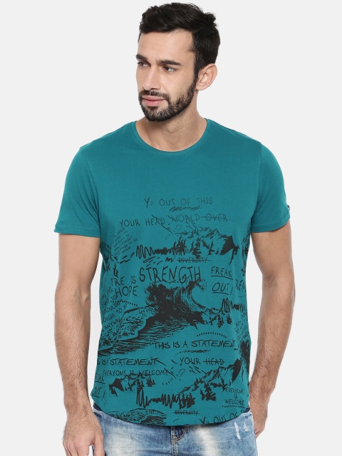 

SPYKAR Men Turquoise Blue Printed Round Neck Pure Cotton T-shirt