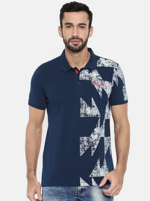 

SPYKAR Men Navy Geometric Printed Polo Pure Cotton T-shirt, Navy blue