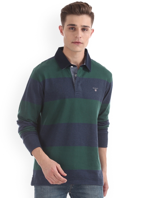

GANT Men Navy Blue & Green Striped Polo Collar T-shirt