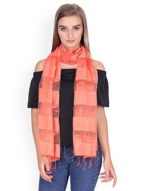 

Anekaant Coral Art Silk Striped Fringed Scarf (65X200 cm)