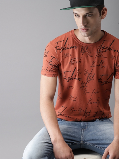 

Moda Rapido Men Rust Orange Printed Round Neck T-shirt