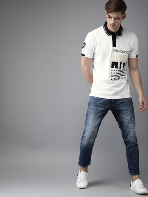 

Moda Rapido Men White Printed Polo Collar Pure Cotton T-shirt
