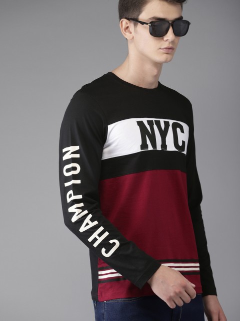 

Moda Rapido Men Black & Maroon Colourblocked Round Neck T-shirt