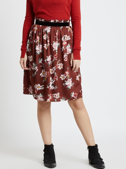 

COVER STORY Brown Floral Printed A-Line Skirt