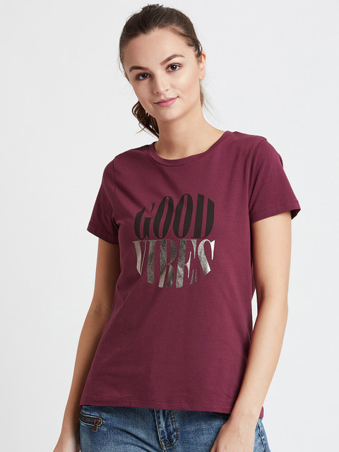 

COVER STORY Women Purple Printed Round Neck Pure Cotton T-shirt
