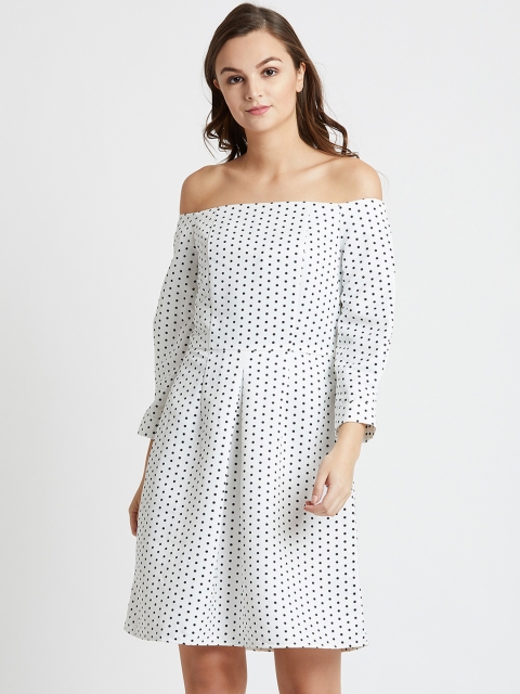 

COVER STORY Women White Printed Fit and Flare Bardot Dress