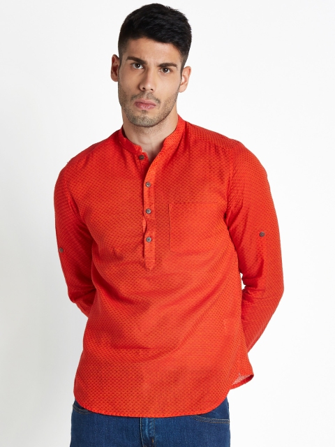 

indus route by Pantaloons Men Rust Woven Design Straight Kurta