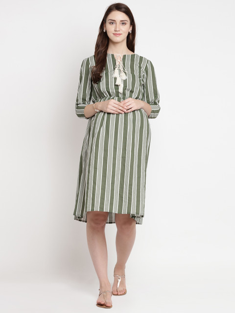 

Mine4Nine Women Olive Green & White Striped Maternity Blouson Dress