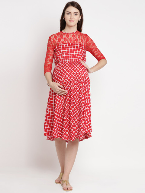 

Mine4Nine Women Red Checked Fit and Flare Dress