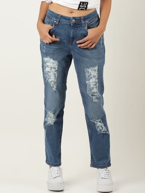 

Blue Saint Women Blue Boyfriend Fit Mid-Rise Highly Distressed Stretchable Jeans