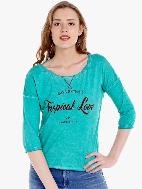 

SPYKAR Women Turquoise Blue Printed Scoop Neck T-shirt