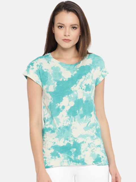 

SPYKAR Women Green Dyed Round Neck Pure Cotton T-shirt, Teal