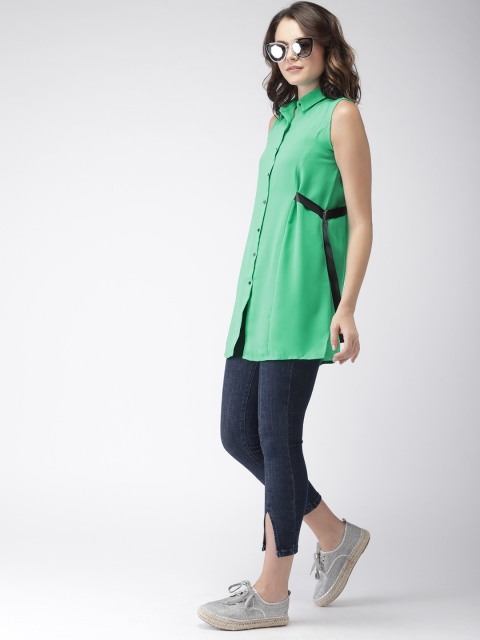 

Madame Women Green Solid Shirt Style Longline Top